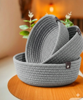 Premium Grey Cotton Rope Storage Baskets Set with Leather Handles | Decorative Organizer Bins for Home