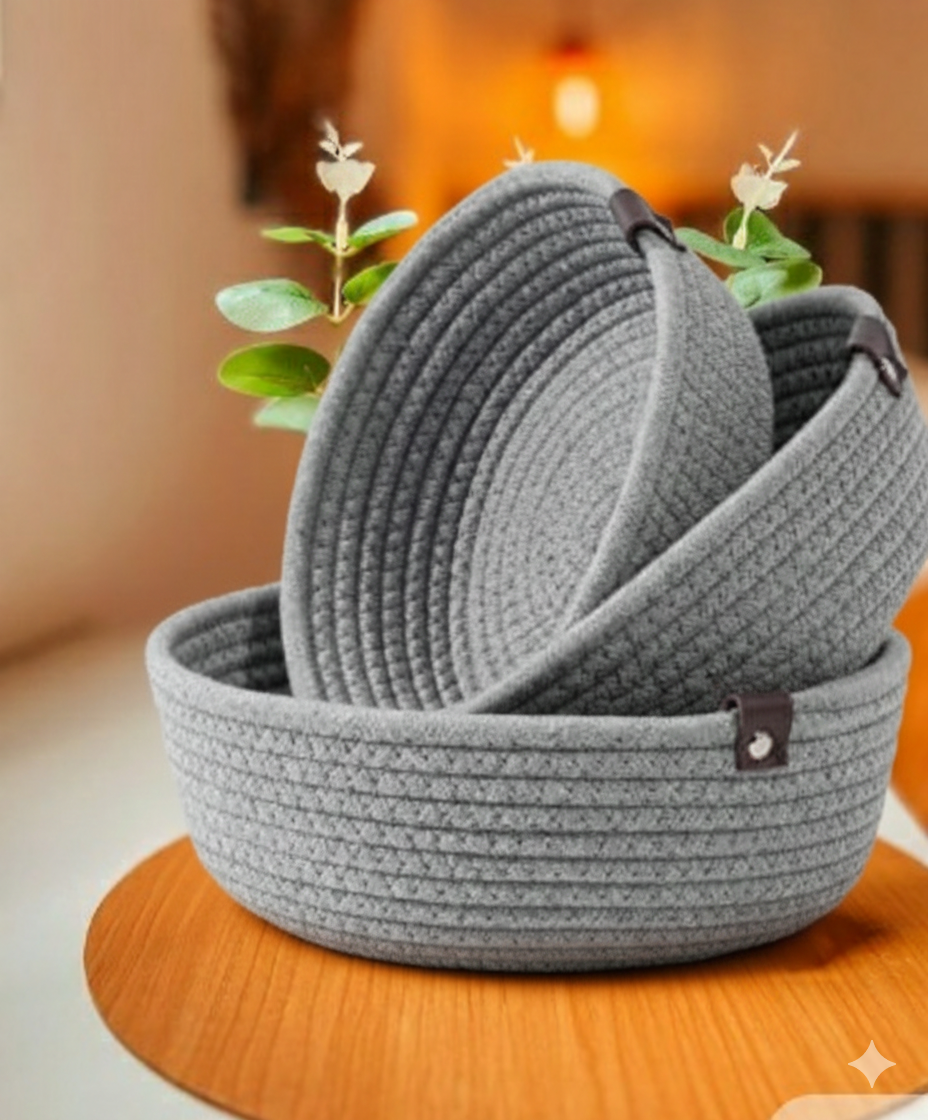Premium Grey Cotton Rope Storage Baskets Set with Leather Handles | Decorative Organizer Bins for Home