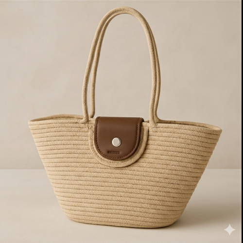 Beige Cotton Rope Tote Bag with Brown Leather Flap | Handmade Shoulder Handbag for Women