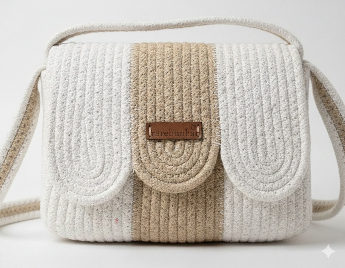 RareBunkar White & Beige Handcrafted Jute & Cotton Handbag