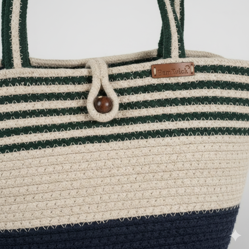 Navy Blue & White Striped Cotton Rope Tote Bag | Handmade Large Shoulder Handbag for Women
