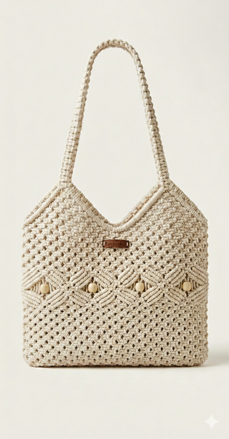 Handmade Macrame Cotton Shoulder Bag | Boho Crochet Tote Bag for Women | Eco-Friendly Summer Handbag
