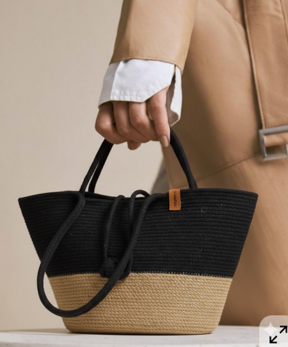 Black & Beige Cotton Rope Tote Bag | Handmade Two-Tone Large Shoulder Handbag for Women
