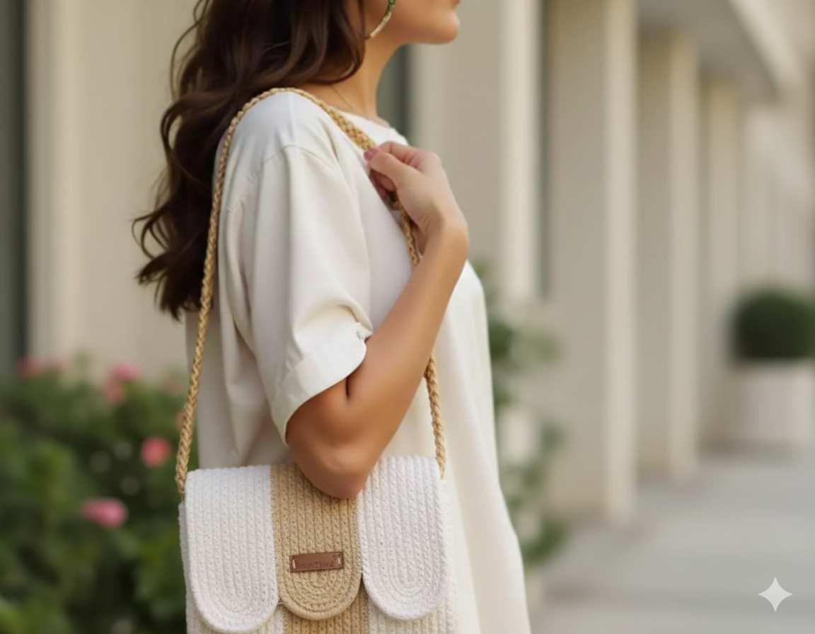 RareBunkar White & Beige Handcrafted Jute & Cotton Handbag