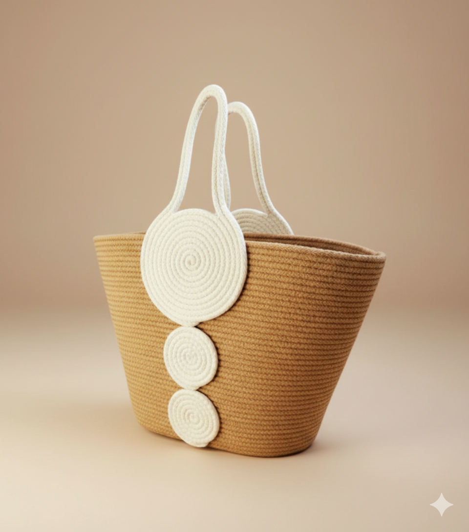 Beige & White Cotton Rope Tote Bag | Handmade Spiral Design Shoulder Handbag for Women