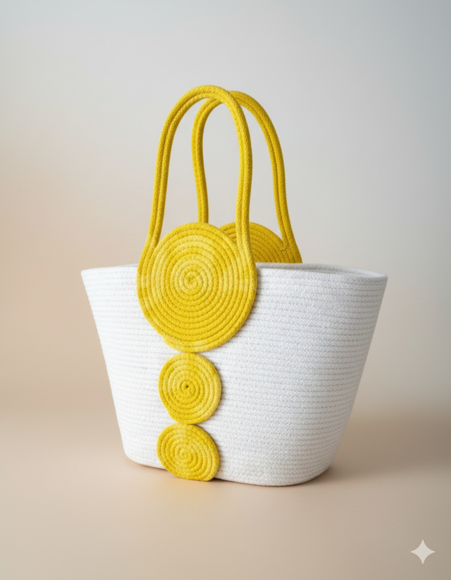 Yellow & White Cotton Rope Tote Bag | Handmade Spiral Design Shoulder Handbag for Women