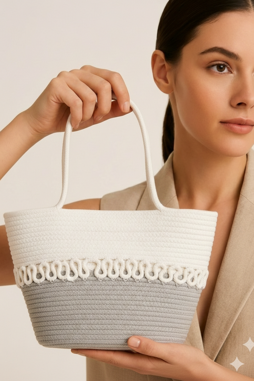 Grey & White Cotton Rope Handbag | Handmade Two-Tone Mini Tote for Women