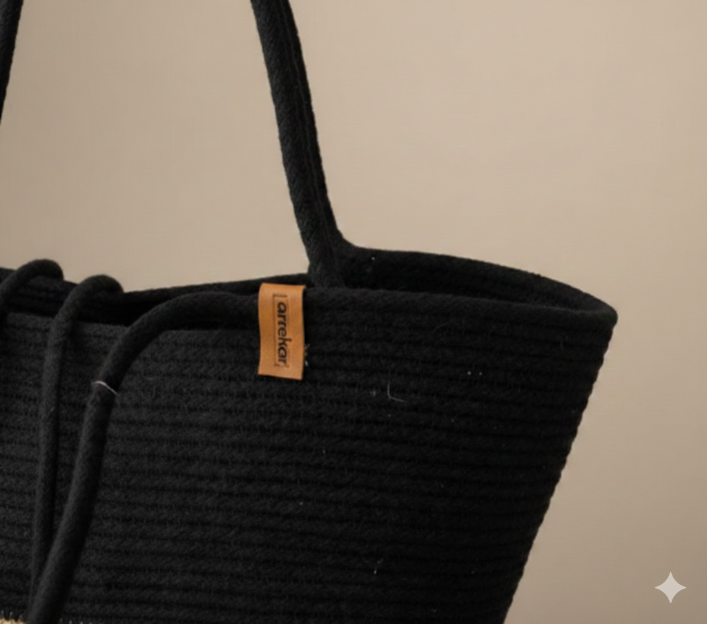 Black & Beige Cotton Rope Tote Bag | Handmade Two-Tone Large Shoulder Handbag for Women