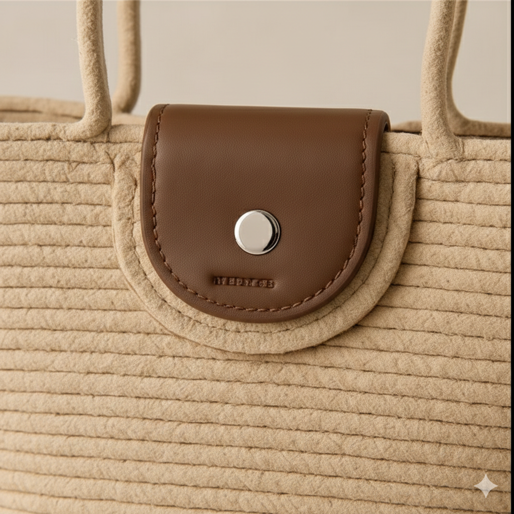 Beige Cotton Rope Tote Bag with Brown Leather Flap | Handmade Shoulder Handbag for Women