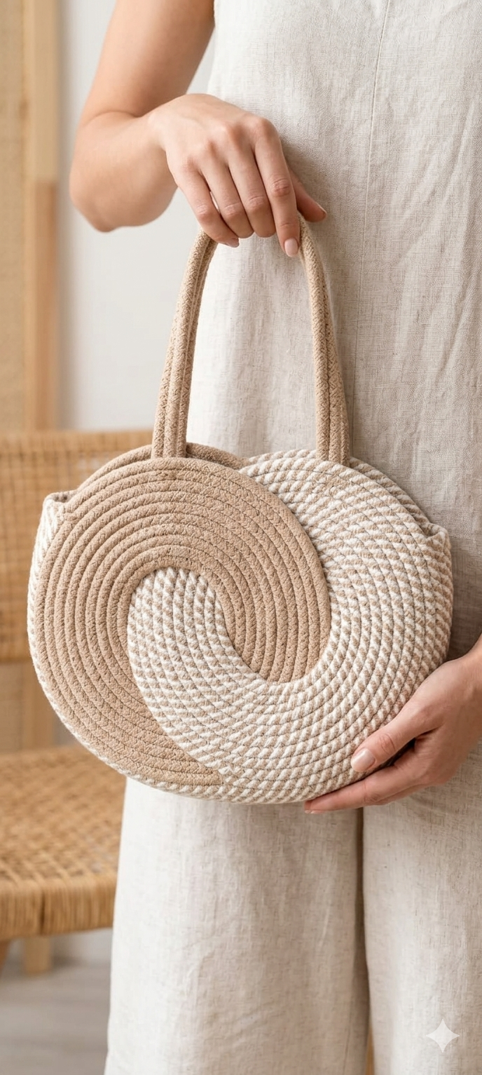White & Beige Striped Cotton Rope Tote Bag | Handmade Large Shoulder Handbag for Women (Copy)