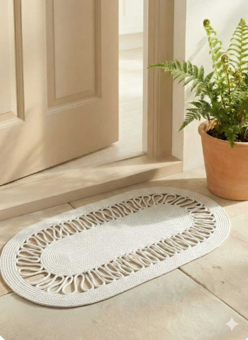 Beige Oval Cotton Rope Floor Mat | Handmade Braided Decorative Rug for Living Room & Bedroom
