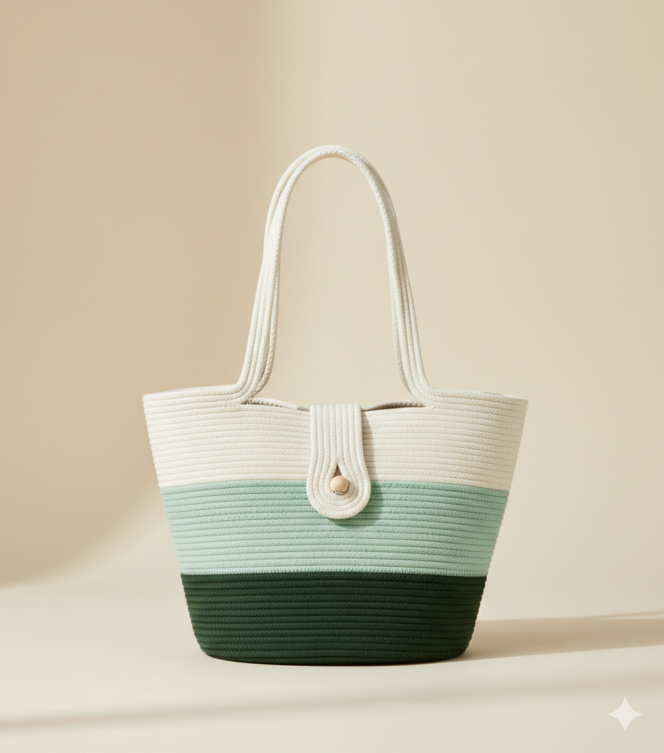 RareBunkar Serene Stripes White & Green Jute & Cotton Women’s Bag