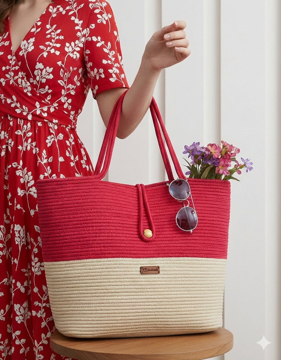 Red & Beige Cotton Rope Tote Bag | Handmade Two-Tone Shoulder Handbag for Women