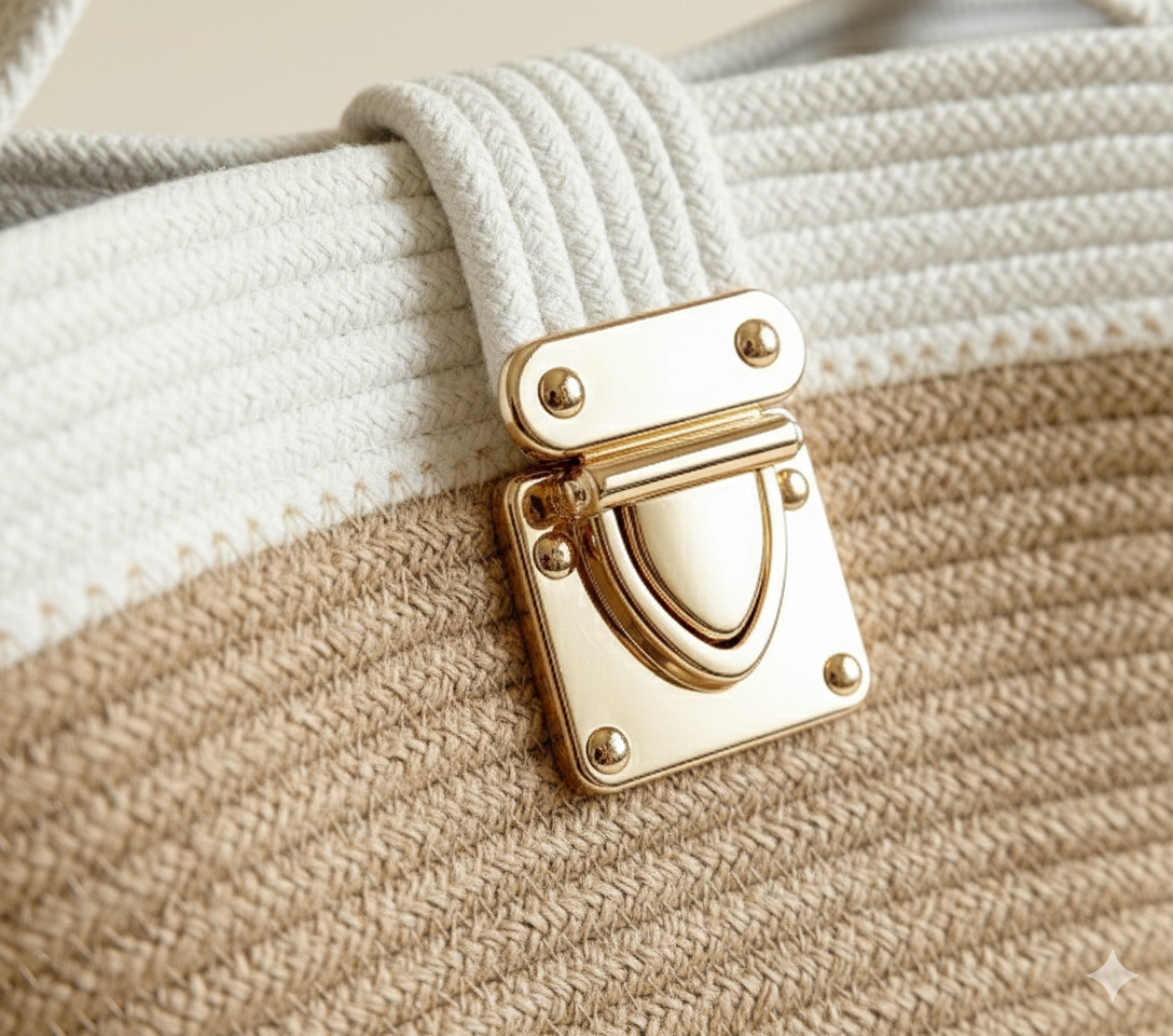Beige & White Cotton Rope Handbag with Gold Lock | Handmade Two-Tone Crossbody Tote for Women
