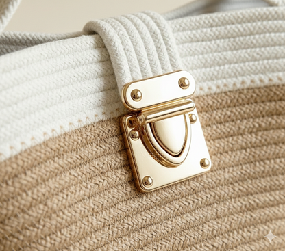 Beige & White Cotton Rope Handbag with Gold Lock | Handmade Two-Tone Crossbody Tote for Women
