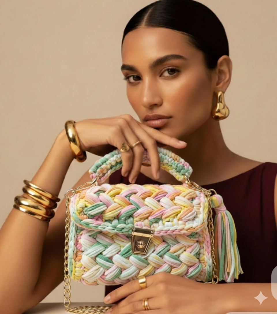 Luxury Pastel Woven Cotton Handbag with Gold Chain | Handmade Multicolor Crossbody Bag for Women