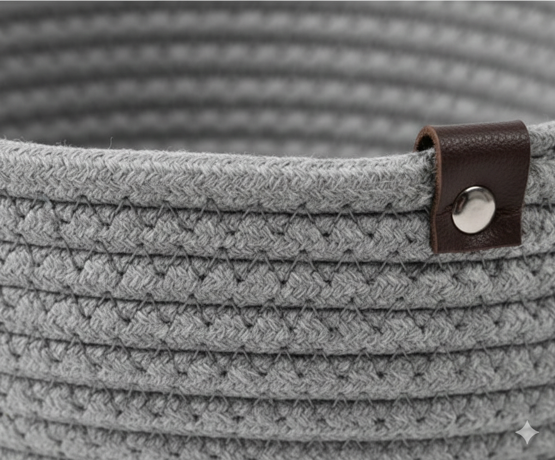 Premium Grey Cotton Rope Storage Baskets Set with Leather Handles | Decorative Organizer Bins for Home