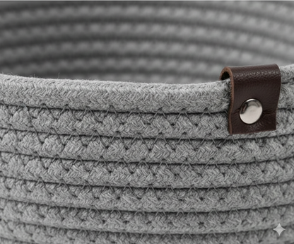 Premium Grey Cotton Rope Storage Baskets Set with Leather Handles | Decorative Organizer Bins for Home
