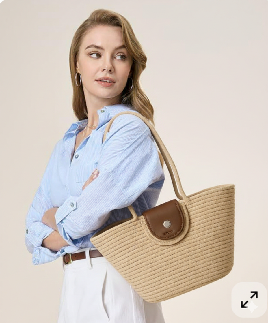 Beige Cotton Rope Tote Bag with Brown Leather Flap | Handmade Shoulder Handbag for Women