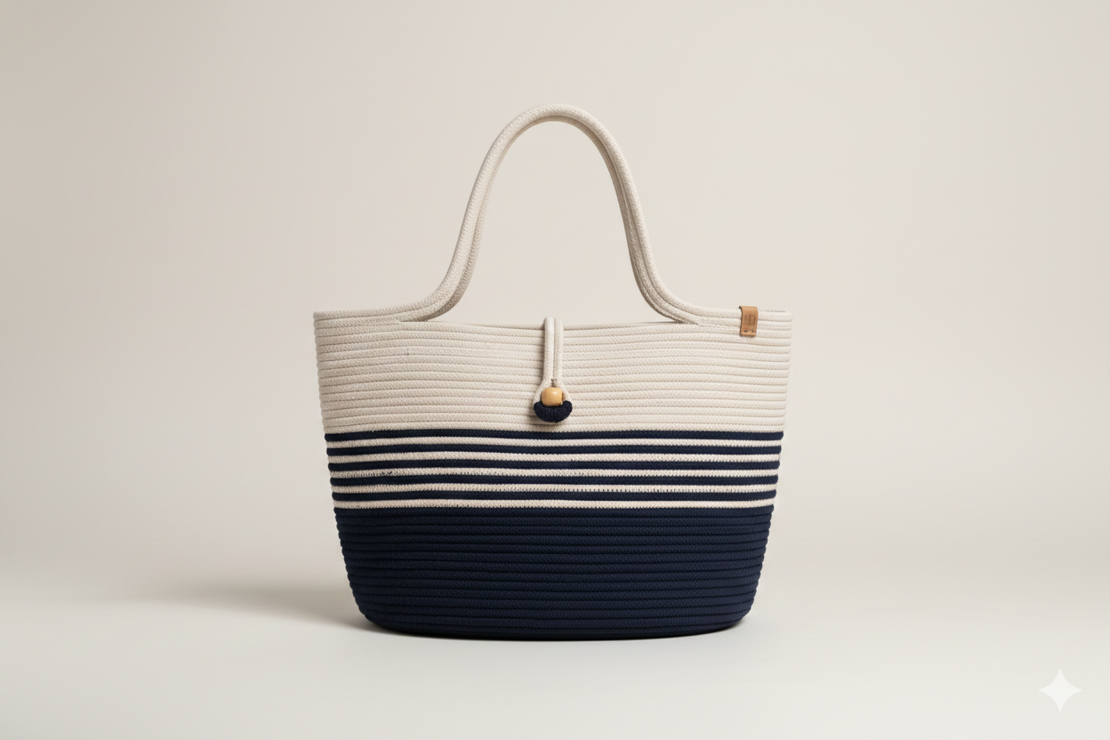 RareBunkar Earthly Elegance White & Black Jute & Cotton Women’s Tote Bag