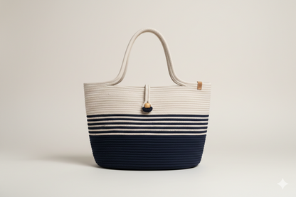 RareBunkar Earthly Elegance White & Black Jute & Cotton Women’s Tote Bag