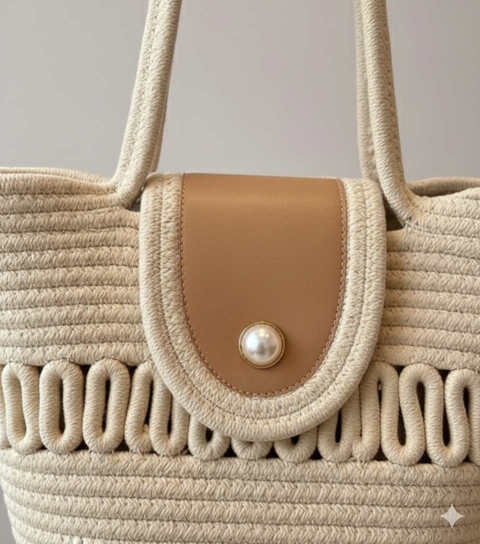 RareBunkar White Leather & Jute Handbag – Stylish Women’s Tote Bag