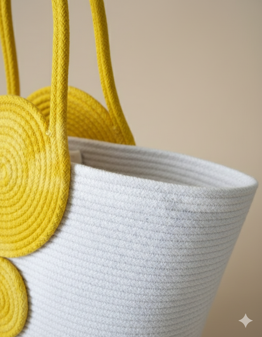 Yellow & White Cotton Rope Tote Bag | Handmade Spiral Design Shoulder Handbag for Women