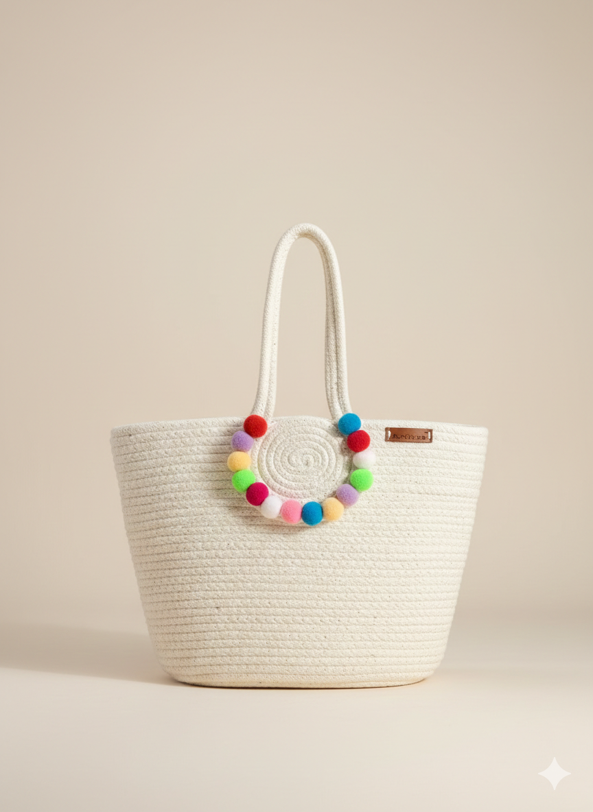 Handmade Cotton Rope Tote Bag with Colorful Pom Poms | Boho Shoulder Handbag for Women