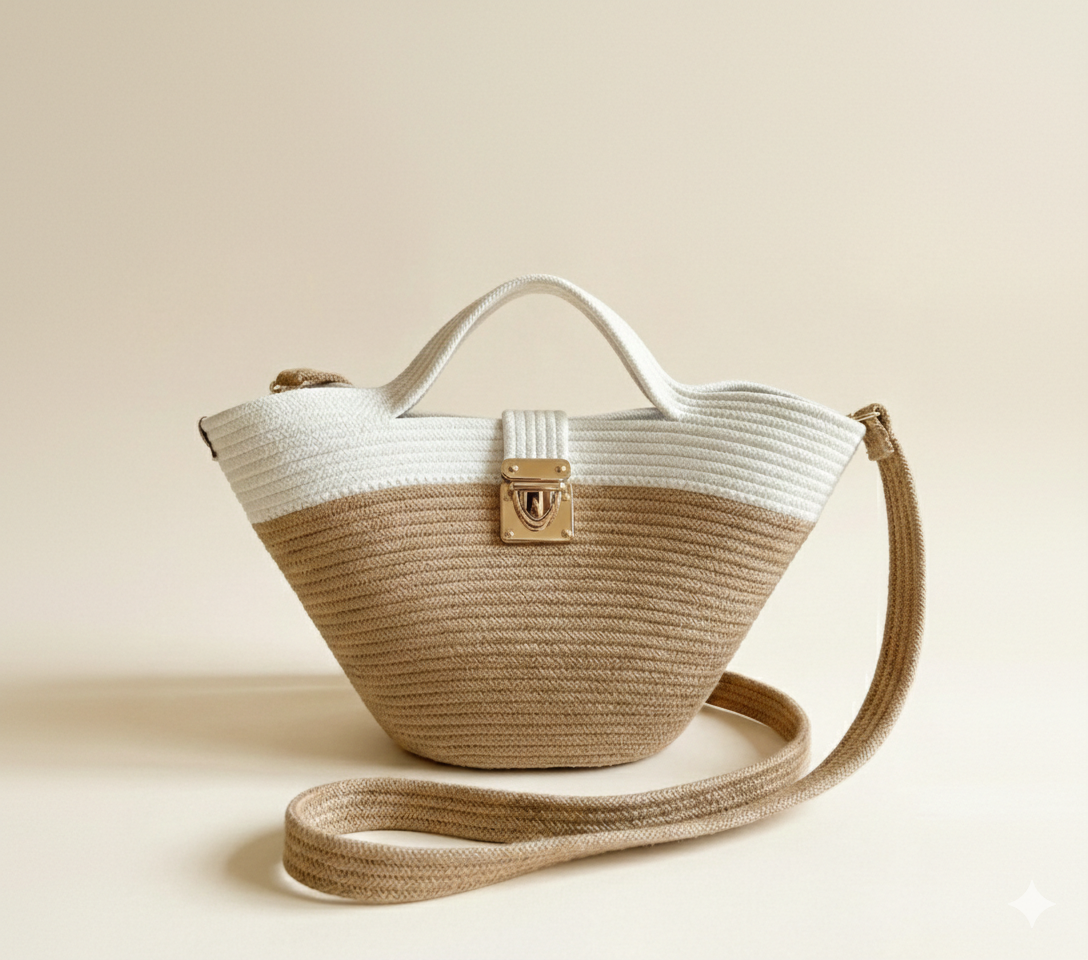 Beige & White Cotton Rope Handbag with Gold Lock | Handmade Two-Tone Crossbody Tote for Women