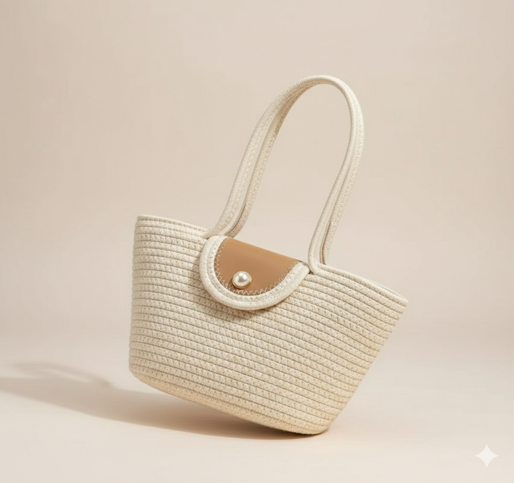RareBunkar White Leather & Jute Women’s Handbag – Stylish Everyday Tote