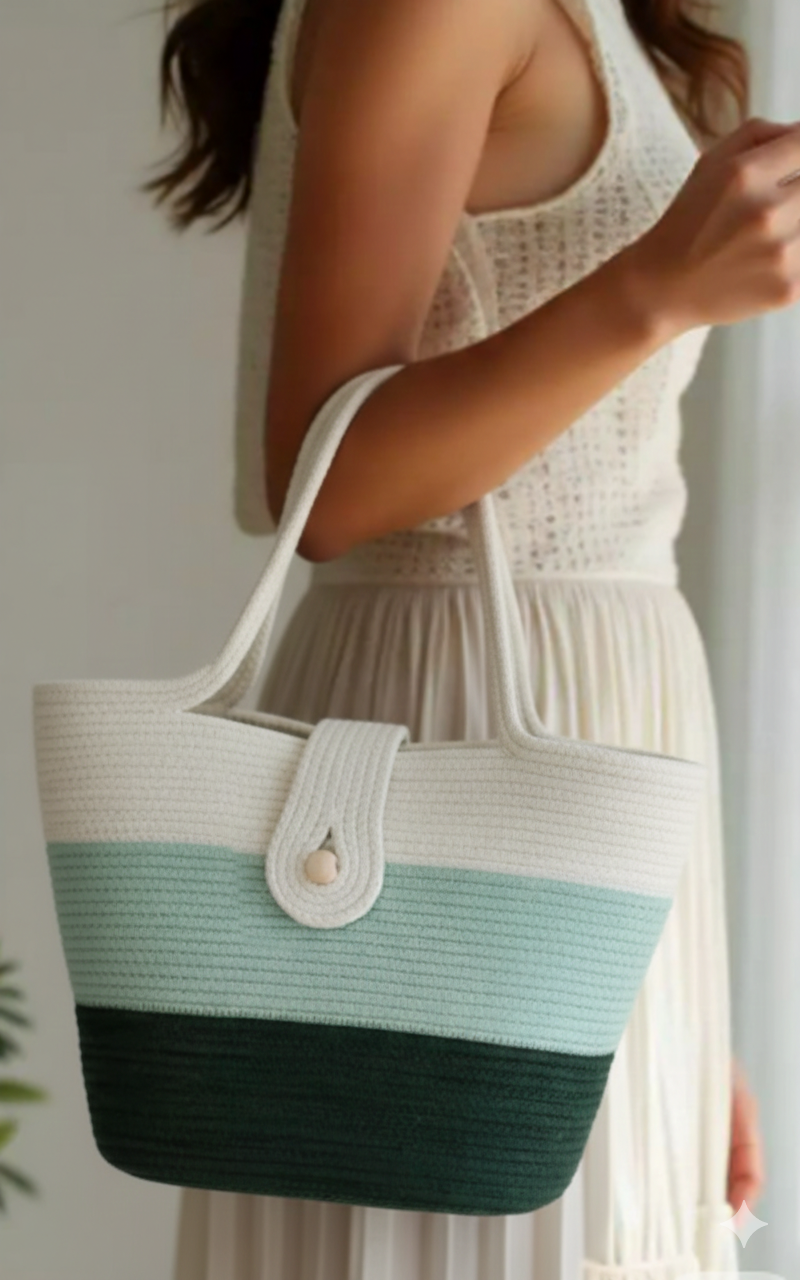 RareBunkar Serene Stripes White & Green Jute & Cotton Women’s Bag