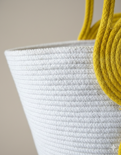 Yellow & White Cotton Rope Tote Bag | Handmade Spiral Design Shoulder Handbag for Women