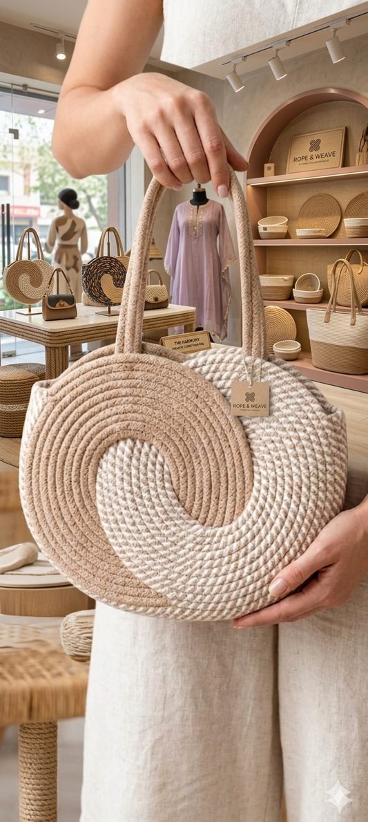 White & Beige Striped Cotton Rope Tote Bag | Handmade Large Shoulder Handbag for Women (Copy)