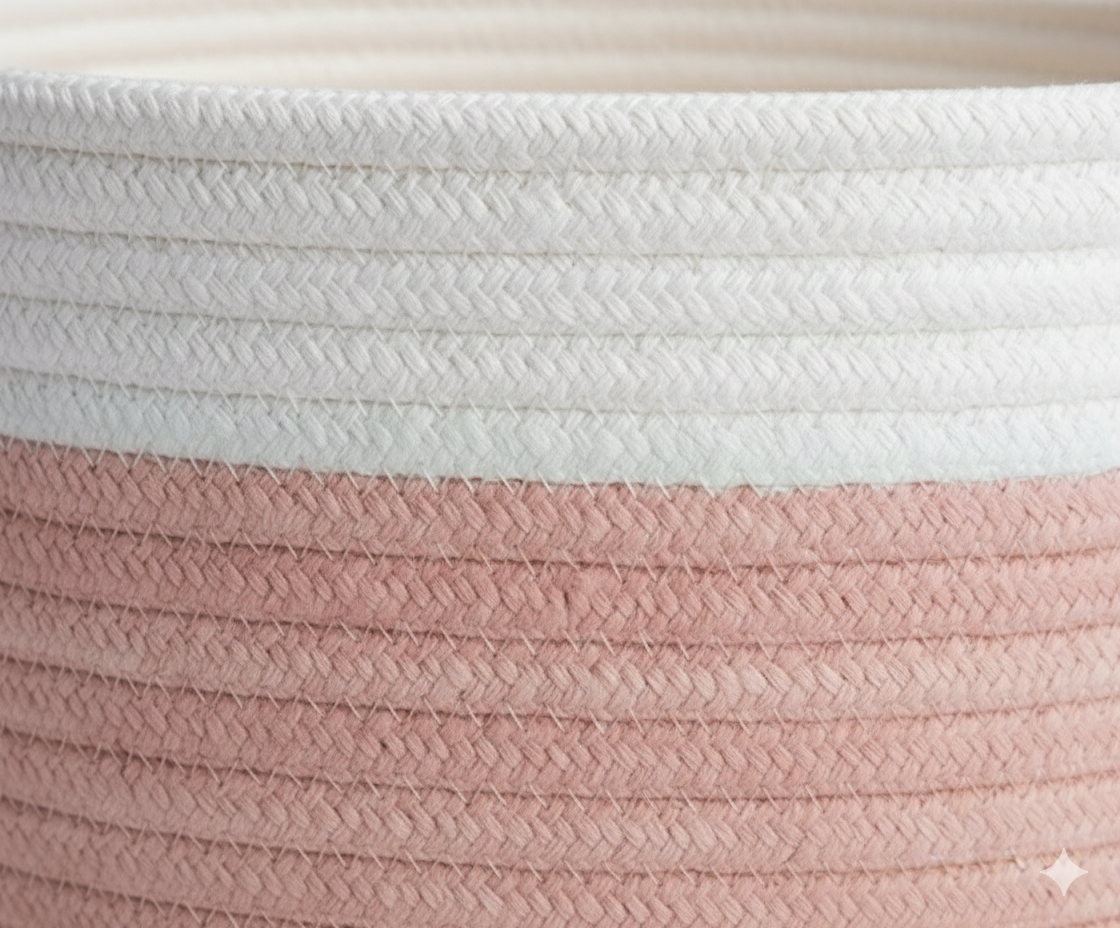 Blush Pink & White Cotton Rope Storage Basket | Decorative Organizer Bin for Nursery, Bathroom & Living Room