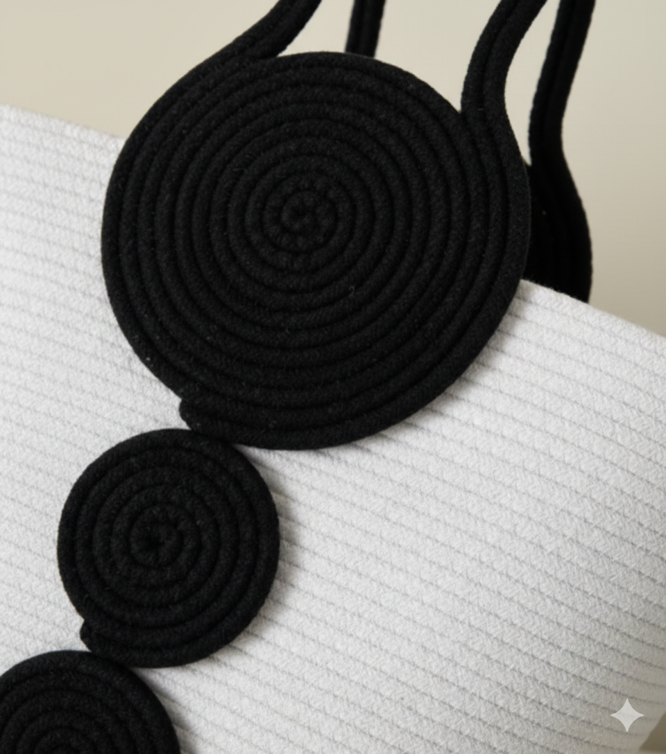 Black & White Cotton Rope Tote Bag | Handmade Spiral Design Shoulder Handbag for Women