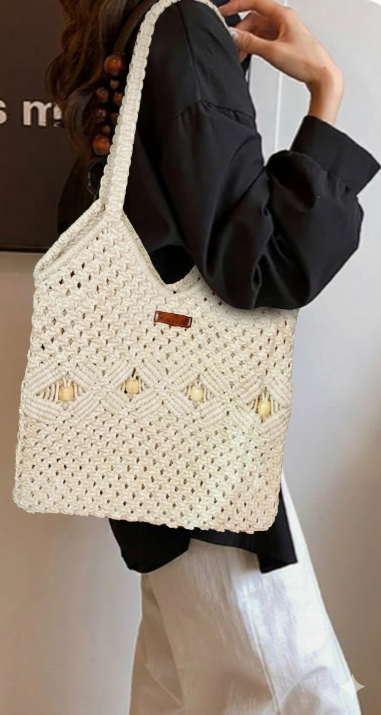 Handmade Macrame Cotton Shoulder Bag | Boho Crochet Tote Bag for Women | Eco-Friendly Summer Handbag