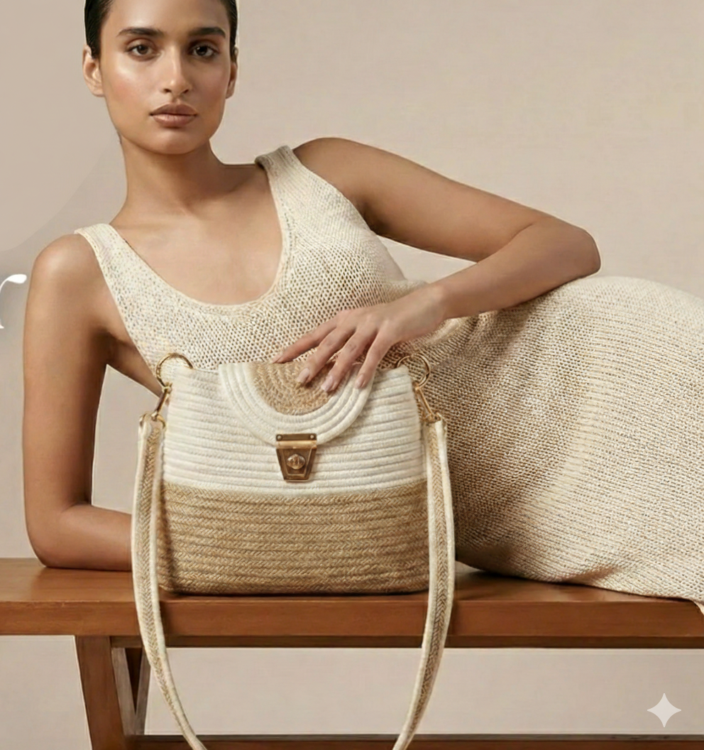 Luxury Beige & White Cotton Rope Handbag | Handmade Structured Crossbody Tote with Gold Lock