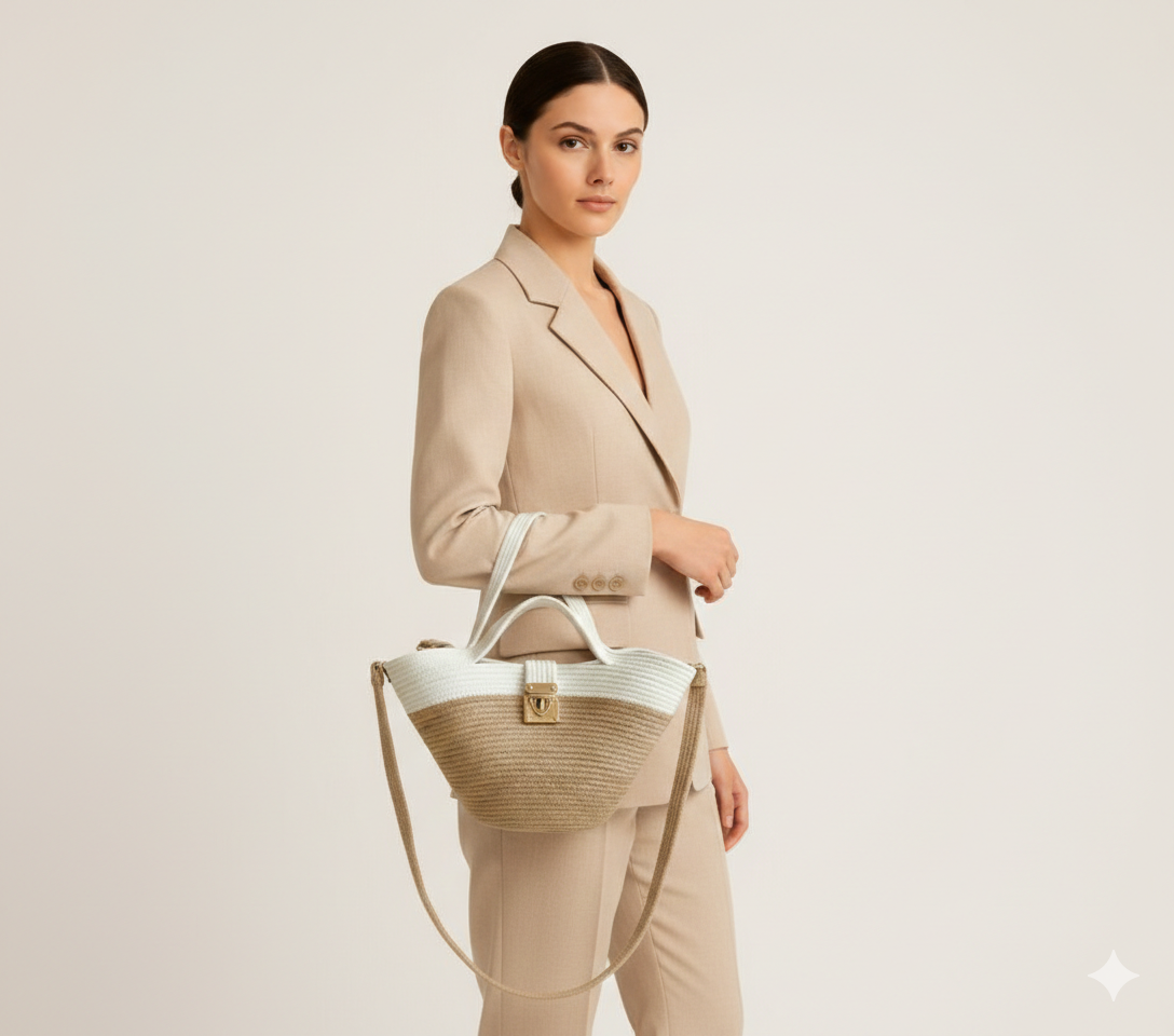 Beige & White Cotton Rope Handbag with Gold Lock | Handmade Two-Tone Crossbody Tote for Women