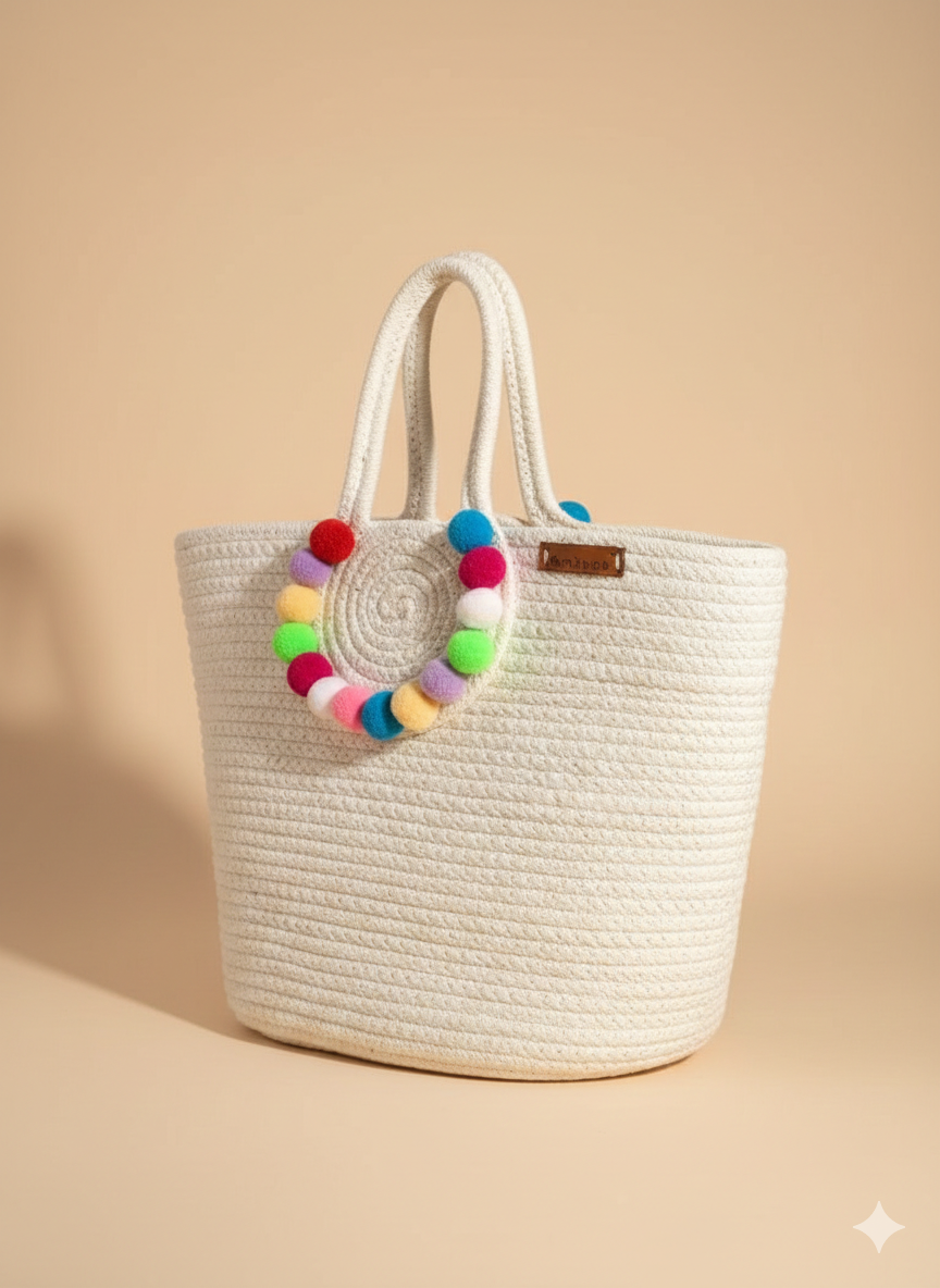 Handmade Cotton Rope Tote Bag with Colorful Pom Poms | Boho Shoulder Handbag for Women