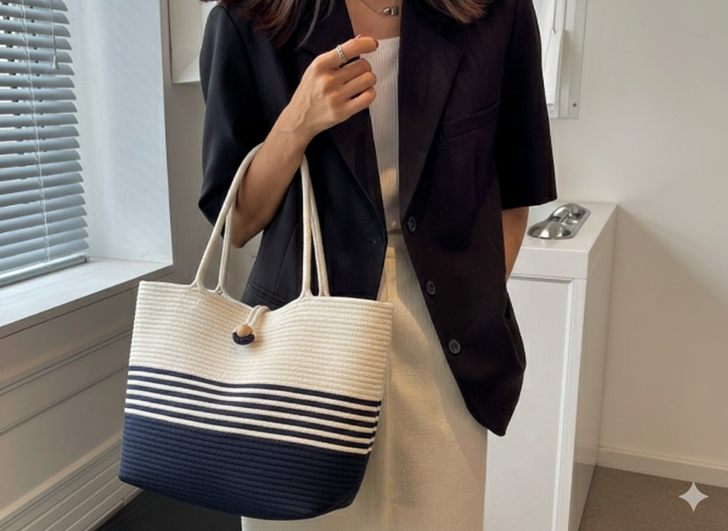 RareBunkar Earthly Elegance White & Black Jute & Cotton Women’s Tote Bag