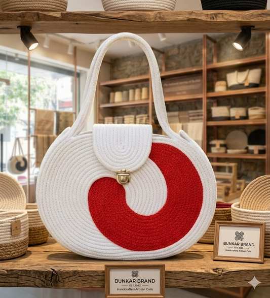 White & Red Striped Cotton Rope Tote Bag | Handmade Large Shoulder Handbag for Women