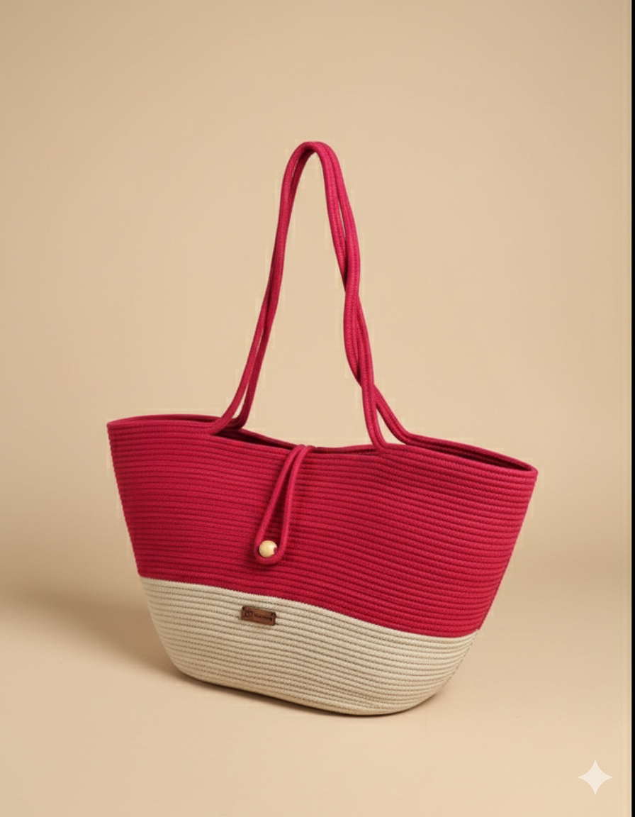 Red & Beige Cotton Rope Tote Bag | Handmade Two-Tone Shoulder Handbag for Women