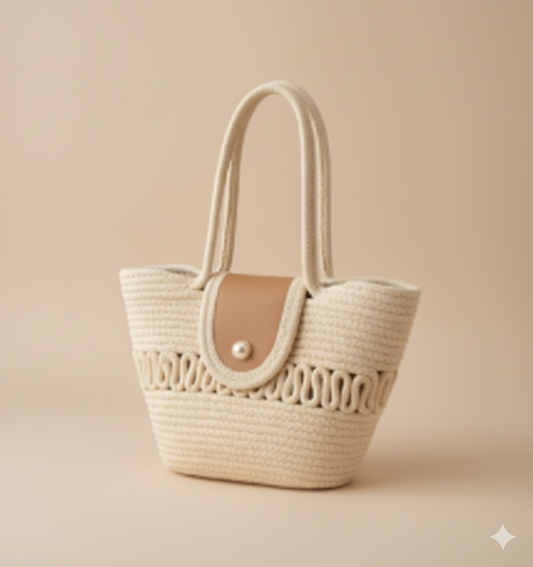 RareBunkar White Leather & Jute Handbag – Stylish Women’s Tote Bag
