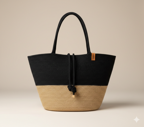 Black & Beige Cotton Rope Tote Bag | Handmade Two-Tone Large Shoulder Handbag for Women