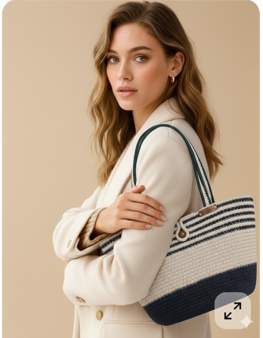Navy Blue & White Striped Cotton Rope Tote Bag | Handmade Large Shoulder Handbag for Women