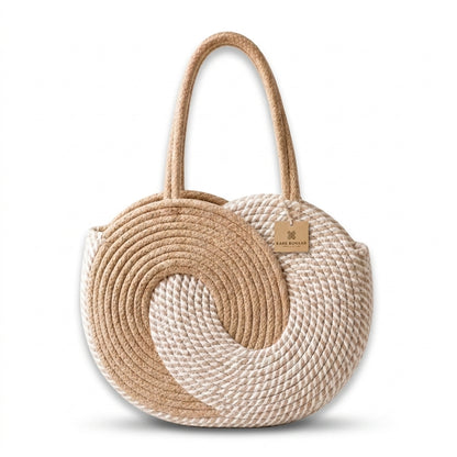 White & Beige Striped Cotton Rope Tote Bag | Handmade Large Shoulder Handbag for Women
