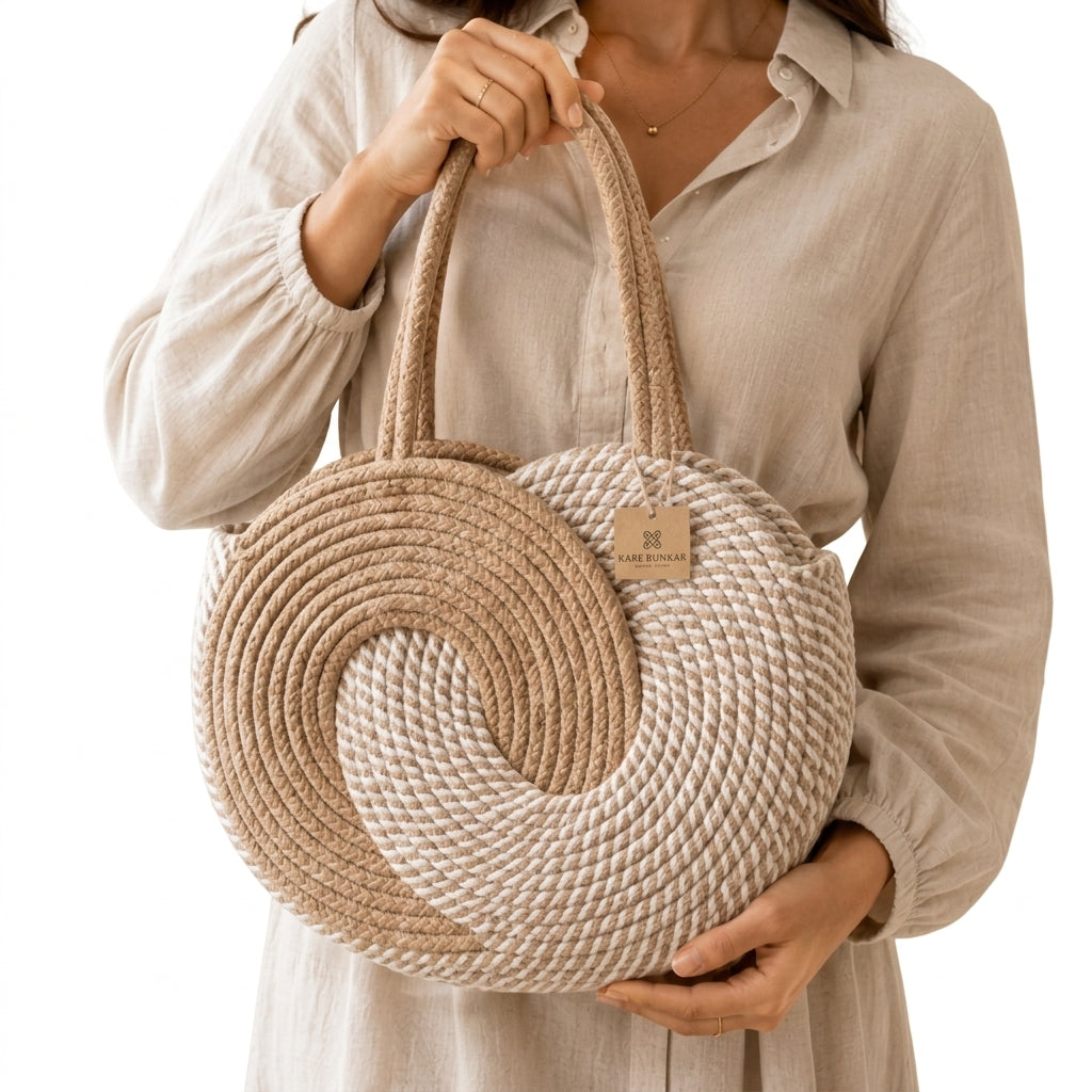 White & Beige Striped Cotton Rope Tote Bag | Handmade Large Shoulder Handbag for Women