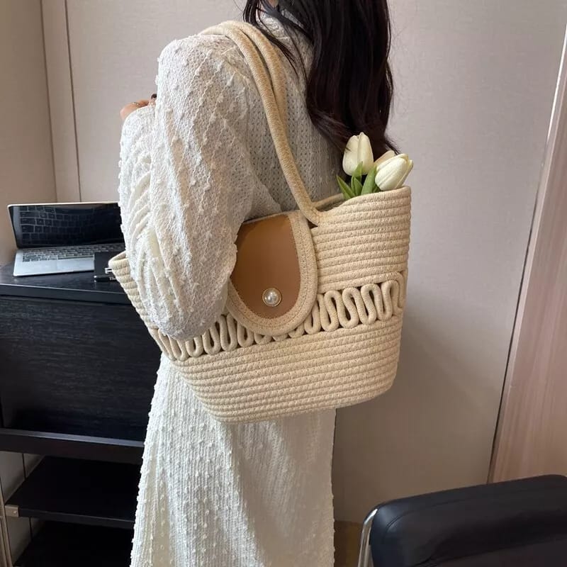 RareBunkar White Leather & Jute Handbag – Stylish Women’s Tote Bag