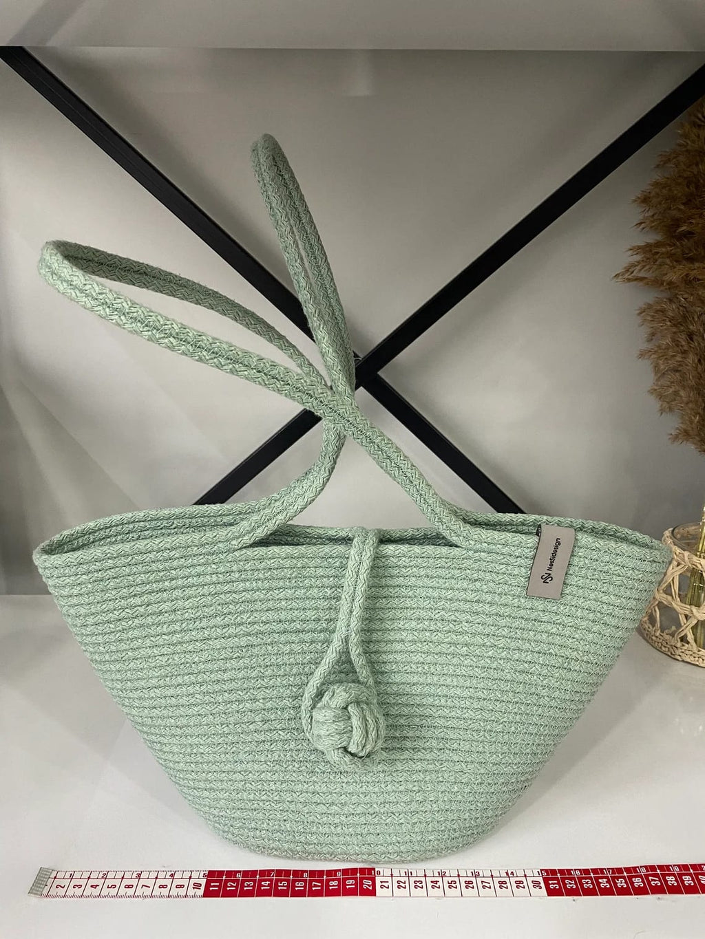 Mint Green Cotton Rope Tote Bag | Handmade Knotted Shoulder Handbag for Women