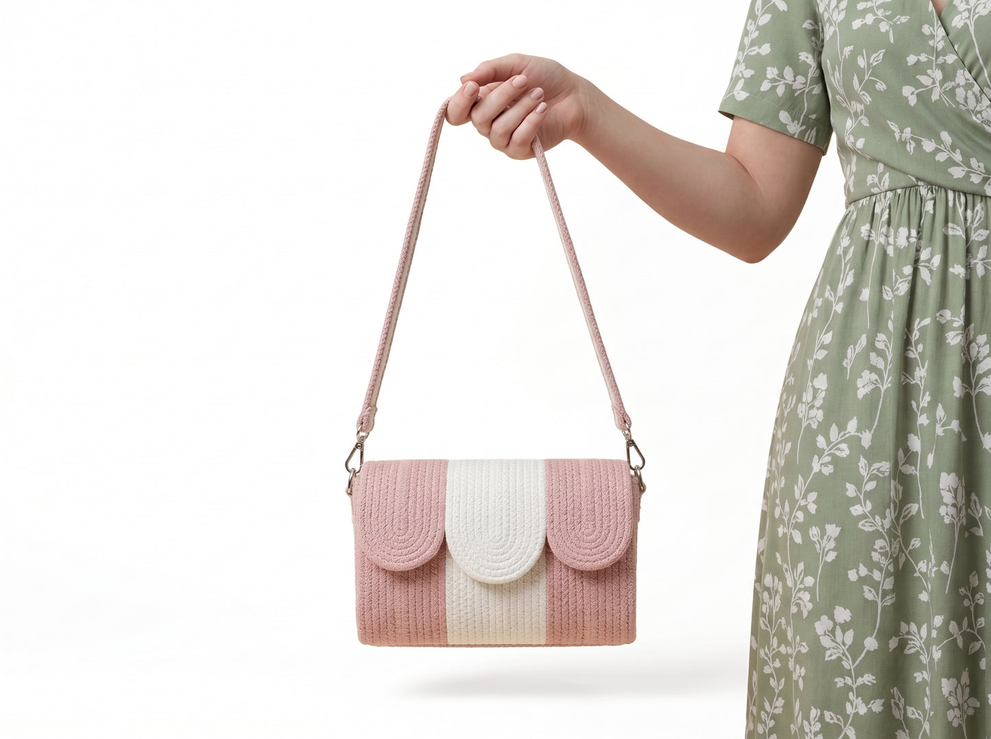 Pink & White Cotton Rope Crossbody Bag | Handmade Striped Sling Bag for Women